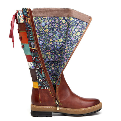 Bohemian Wanderer - Bottes Vintage mi-mollet en cuir véritable - Style Bohème, Motard et rétro avec Fermeture éclair et lacets