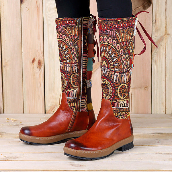 Bohemian Wanderer - Bottes Vintage mi-mollet en cuir véritable - Style Bohème, Motard et rétro avec Fermeture éclair et lacets