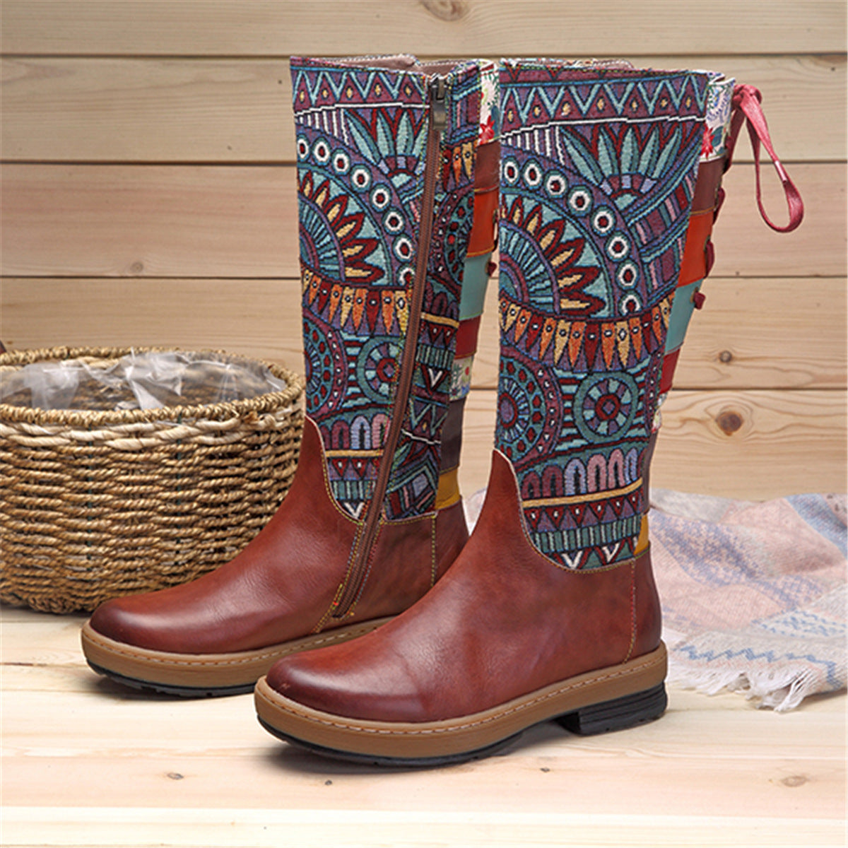 Bohemian Wanderer - Bottes Vintage mi-mollet en cuir véritable - Style Bohème, Motard et rétro avec Fermeture éclair et lacets