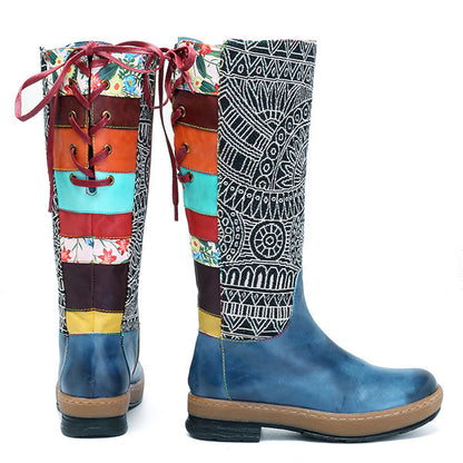 Bohemian Wanderer - Bottes Vintage mi-mollet en cuir véritable - Style Bohème, Motard et rétro avec Fermeture éclair et lacets