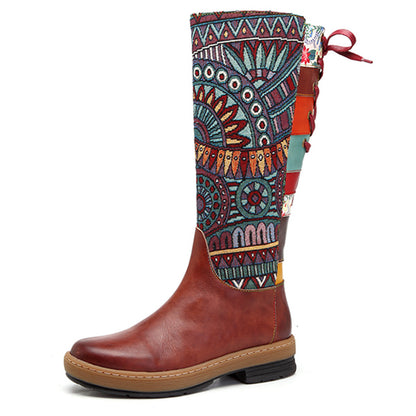 Bohemian Wanderer - Bottes Vintage mi-mollet en cuir véritable - Style Bohème, Motard et rétro avec Fermeture éclair et lacets