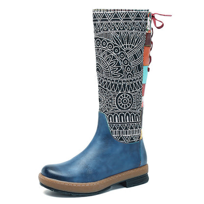 Bohemian Wanderer - Bottes Vintage mi-mollet en cuir véritable - Style Bohème, Motard et rétro avec Fermeture éclair et lacets