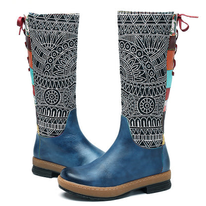 Bohemian Wanderer - Bottes Vintage mi-mollet en cuir véritable - Style Bohème, Motard et rétro avec Fermeture éclair et lacets