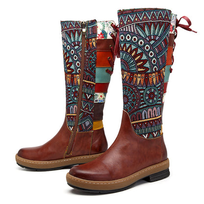 Bohemian Wanderer - Bottes Vintage mi-mollet en cuir véritable - Style Bohème, Motard et rétro avec Fermeture éclair et lacets